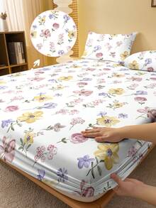1pc Minimalist Modern Floral Printed Washed Fitted Sheet, Bedroom Printed Bed Cover, Bedding (Pillow Case Not Included) - Multicolor - View 1