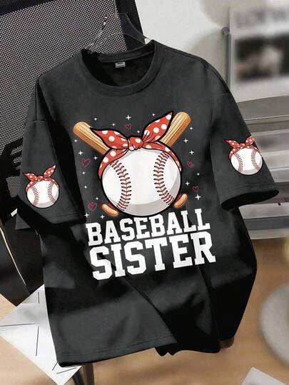 女童宽松印花T恤，波点蝴蝶结棒球图案，“BASEBALL SISTER”标语点缀，休闲宽松版型，适合返校、棒球比赛、日常休闲和夏季穿着。
