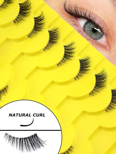 10 Pairs Natural Half-Eye Fox/Cat Fur 3D Fluffy Curly Elongated Invisible Transparent Stem Comfortable Lightweight False Eyelashes, Suitable For Beginners