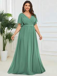 EVERPRETTY Plus Size Elegant V-Neck Pleated Ruffle Sleeve Green Bridesmaid Formal Dress, Suitable For Weddings, Parties, Birthdays, Spring/Summer Party - Green - View 4