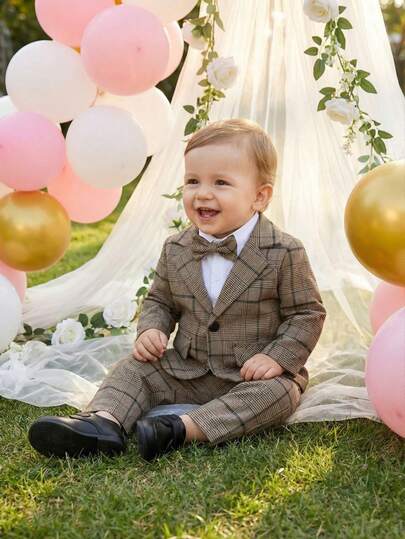 BOARNSEORL 男婴三件套绅士西装套装：蝴蝶结长袖衬衫、西装外套和裤子，时尚，适合户外婚礼、生日、钢琴表演、合唱活动