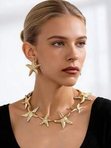 3pcs/Set Nautical Metal Starfish Pendant Necklace & Earrings Set, Suitable For Women's Daily & Vacation Outfits - Yellow Gold - View 7