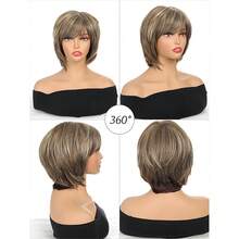 女士时尚合成假发，带空气刘海，短直发假发片 - 間色 - 查看 10