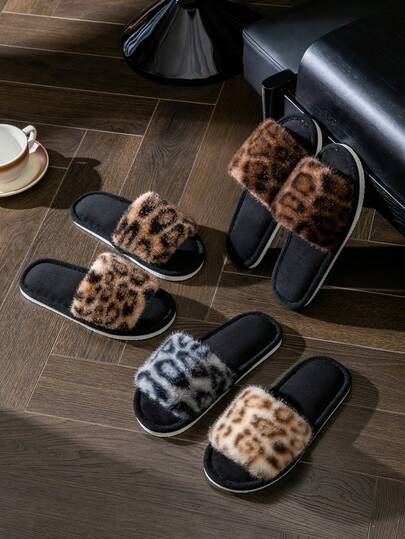 Women's Leopard Print Open Toe Home Slippers Spring Summer Indoor Fluffy Flat Bedroom Shoes Cozy Floor Slides For All Seasons