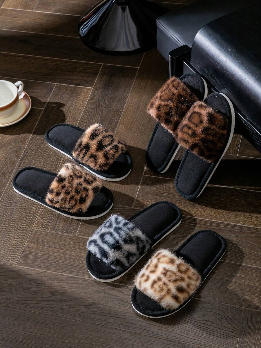 Pantufas femininas de bico aberto com estampa de leopardo, ideais para usar em casa na primavera e no verão. Felpudas e confortáveis, perfeitas para todas as estações do ano. - Castanho - Ver 1