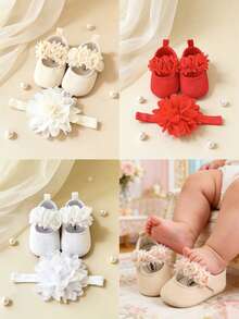 Giày đế bằng Mary Jane hoa hồng cho trẻ sơ sinh màu mơ, giày tập đi đế mềm chống trượt cho trẻ sơ sinh, giày đế bằng công chúa cho trẻ sơ sinh - trắng - Xem 2