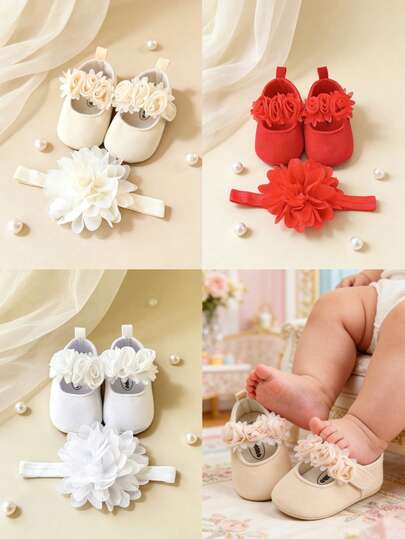 Apricot Color Infant Girls' Rose Flower Mary Jane Flats, Anti-Slip Soft Sole Infant First Walkers, Infant Flats, Princess Shoes