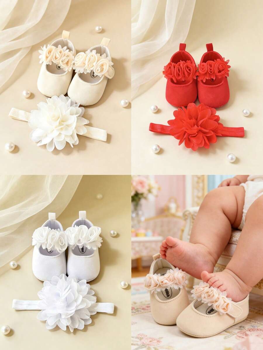 Giày đế bằng Mary Jane hoa hồng cho trẻ sơ sinh màu mơ, giày tập đi đế mềm chống trượt cho trẻ sơ sinh, giày đế bằng công chúa cho trẻ sơ sinh