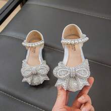 婴儿平底鞋，女童珍珠水钻婚礼/派对凉鞋，时尚百搭蝴蝶结包头鞋 - 銀色 - 查看 6