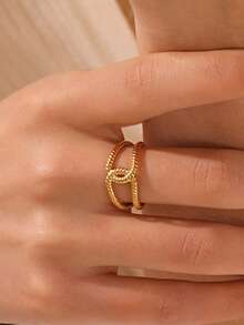 1pc 18K Gold Plated Stainless Steel Fashionable Geometric Line Design Ring, Suitable For Women's Daily Wear - Gold - View 6
