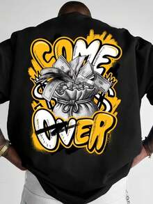 Men's 100% Cotton T-Shirt, Printed COME OVER, Short Sleeve, Round Neck, Casual Modern Style Blouse - Black - View 2
