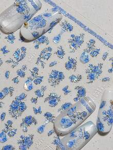 1pc Chinese Style Blue And White Porcelain Nail Stickers Exquisite Flower Butterfly 5D Hot Stamping Nail Stickers Self-Adhesive Nail Stickers Stickers DIY Nail Design - Blue - View 4
