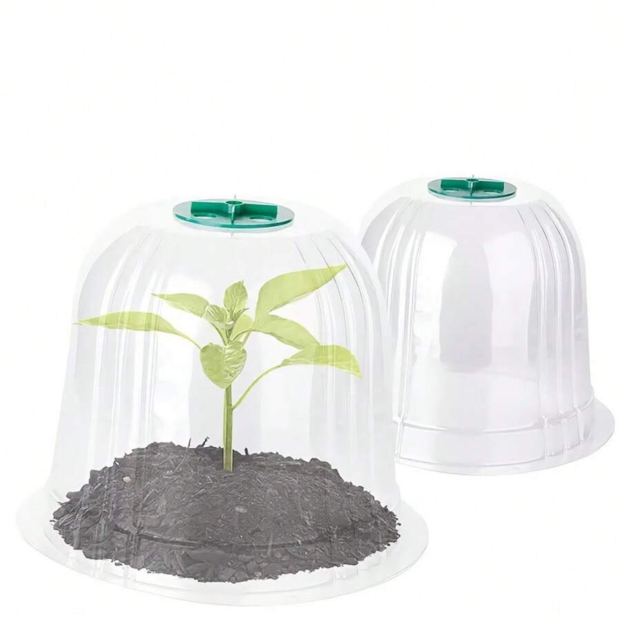 10件装蔬菜、幼苗和嫩芽保湿保护罩，包括5个保温罩和5个地钉。加厚圆形透明植物罩可用作害虫屏障，可重复使用。 - 10件套裝 - 5個絕緣帽 + 5個地釘 - 查看 1