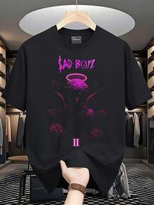 Tienda Local, Camisetas para Hombres, Camisas para Hombres, Ropa para Hombres, Camisetas para Hombres, Camiseta para Hombre, Ángel Triste, Camiseta Blanca y Negra de 180g, Estampado de Rosa, Impresión de Alta Calidad, Cuello Redondo - Negro - Ver 6