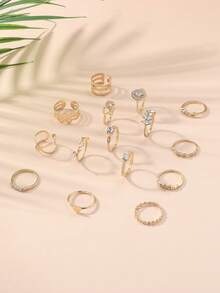 Juego de 15 piezas de anillos de moda europea y americana, anillos de aleación con rhinestones apilables, diseño asimétrico de hojas para mujeres - Juego de anillos - Ver 2