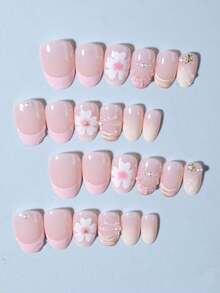 24pcs Short Oval 3D Gel Nail Stickers, Create Faux Pearl Flower Nail Art, French Acrylic Press-On Nails, Short Size Perfectly Fit False Nails Set, Includes: 1pc Jelly Gel And 1pc Nail File, Easy To Wear, French Nail Stickers Suitable For Women And Girls For Daily, Party And Other Occasions Nail Supplies - 多色 2 - 查看 5