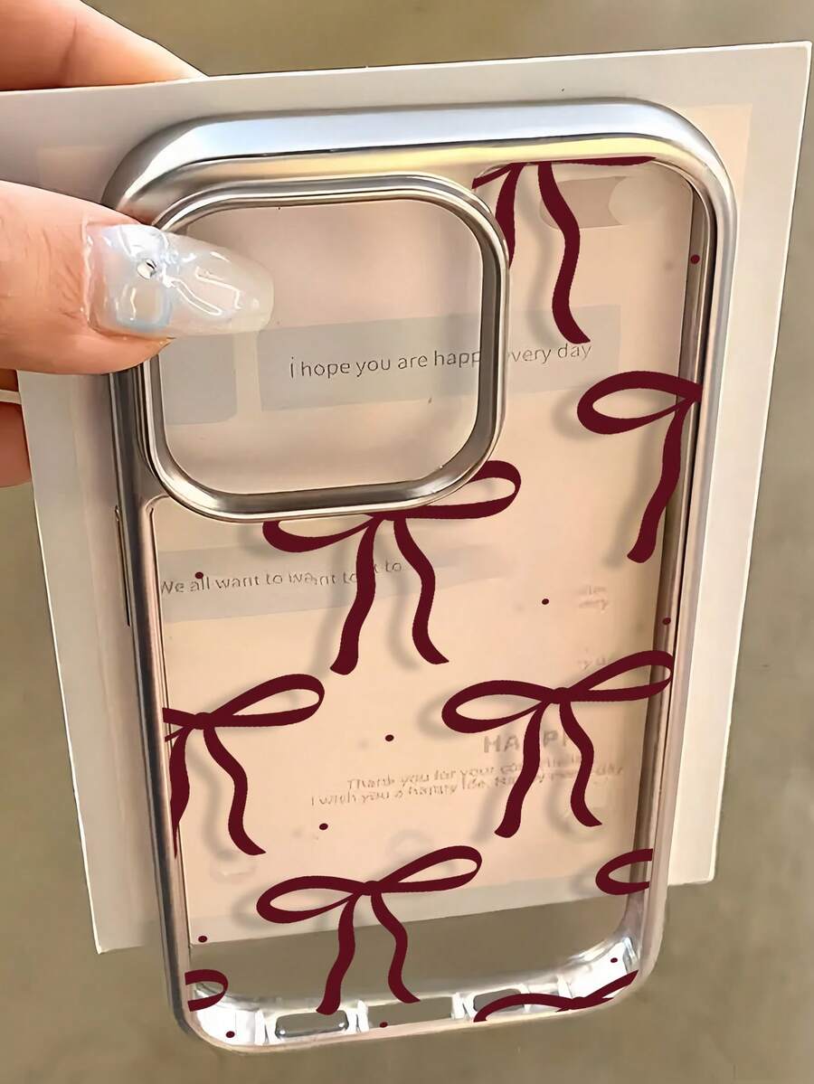 1pc Electroplated Transparent Wine Red Polka Dot Bow Tie Minimalist TPU Shockproof Phone Case Compatible With IPhone 17, 16, 15, 14, 13, 12, 11 Pro Max, Air - Multicolor - View 1