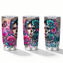 20oz Tumbler Cup Beautiful Disaster Floral Skull Butterfly Design For Edgy Women Half Skull Half Face Skeleton Aesthetic Art Graphic Birthday Or Halloween Gift For Gothic Alternative Style Lovers - 1 pc - 查看 9