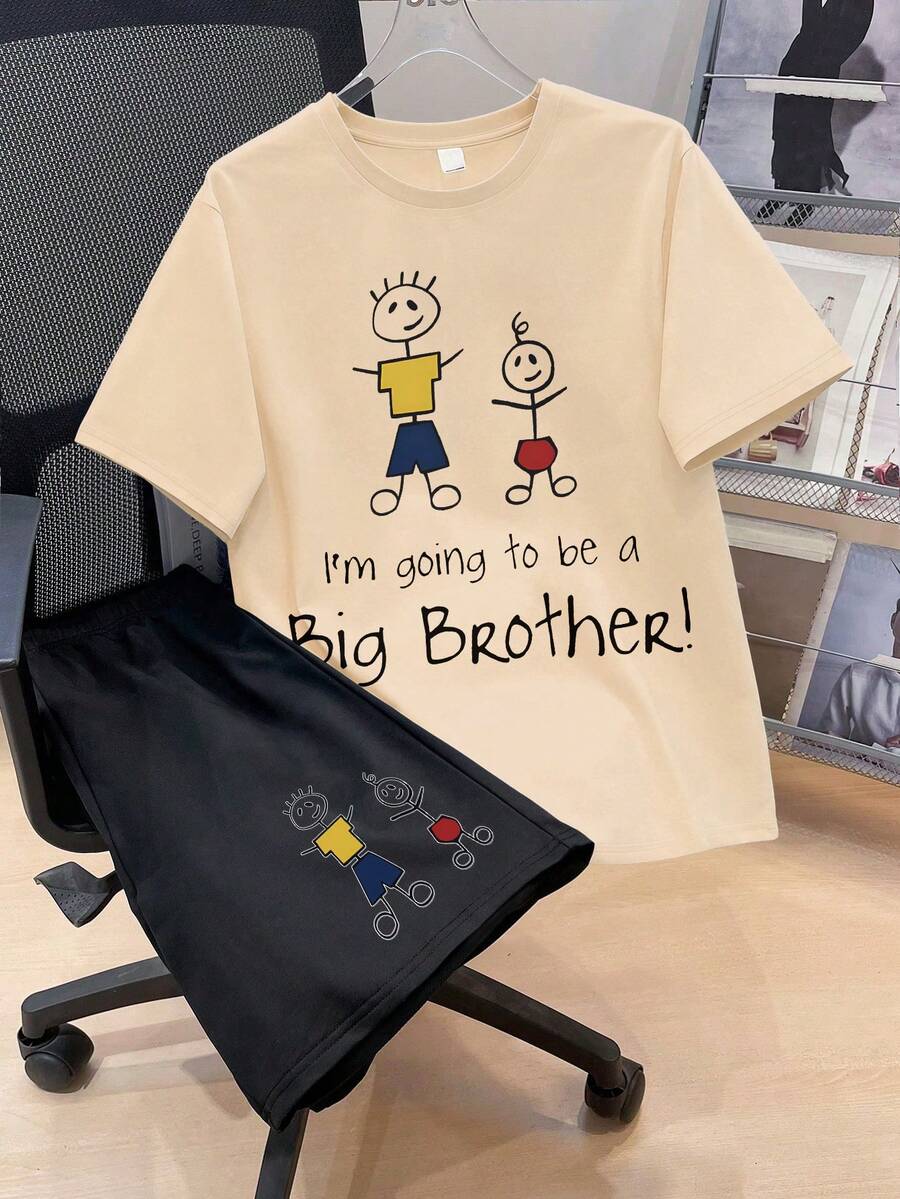 2pcs/Set Cartoon Character Print T-Shirt + Shorts Outfit, Comfortable Summer Clothing For Teenage Boys - Apricot - View 1