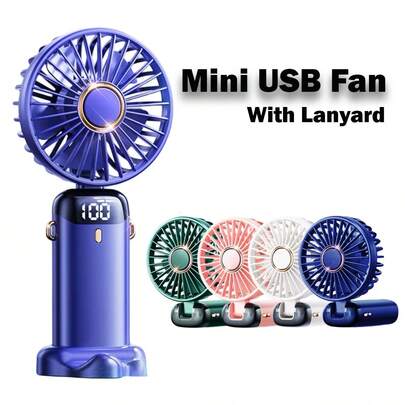 1pc Mini Handheld Electric Fan, USB Rechargeable Portable Fan, 5 Wind Speeds, Digital Display, Neck Strap, Foldable Desk Fan With Stand, Suitable For Office, Dorm, Outdoor, Travel, 800mAh