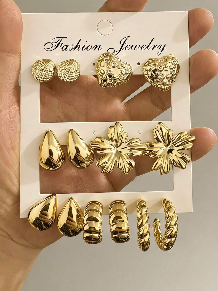 14pcs New Stylish Elegant Lightweight 5-Petal Flower & Seashell Elements Women Jewelry Set, Suitable For Daily Wear All Year Round, Low Allergy Earrings - Multicolor - View 1
