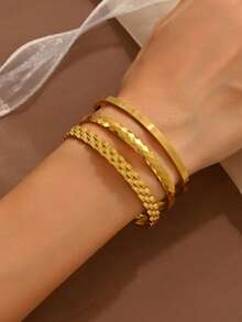 3件套不锈钢四叶草立方氧化锆手镯，简约闪亮手镯，适合日常佩戴，可混搭时尚首饰 - 金黃色 - 查看 3