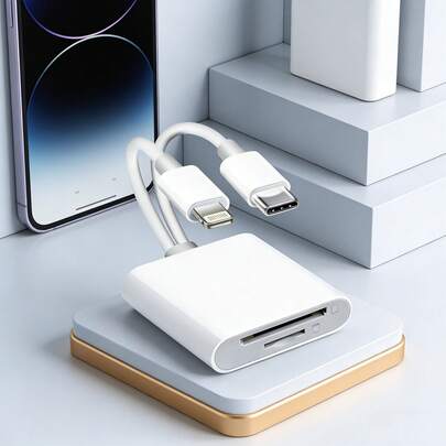 二合一 USB-C + Lightning 读卡器，带数据线，便携式 SD + TF 卡存储适配器，相机卡转换器，兼容 17/16/15/14/13/12/11、S25/S24/S23/S22/S21/S20 系列，即插即用适配器