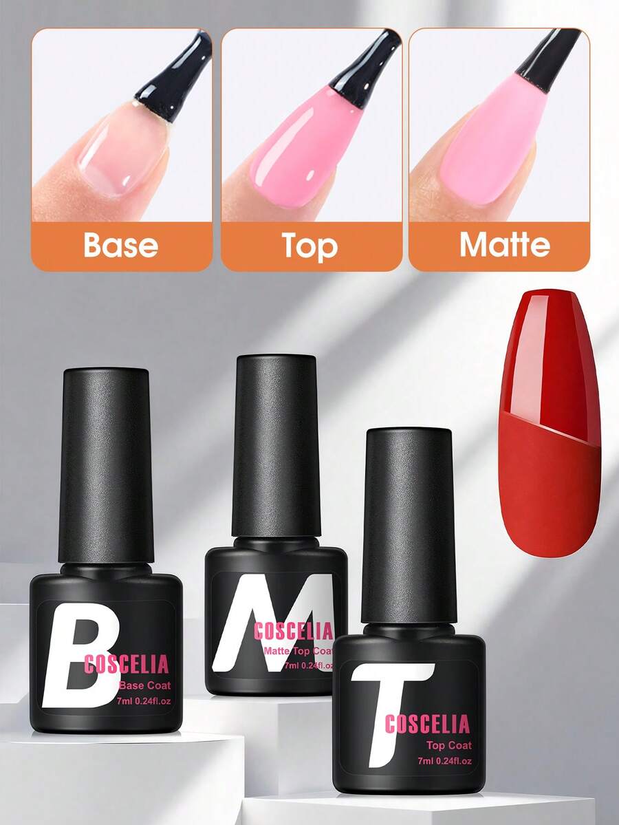 1/2/3 sets de vernis à ongles en gel COSCELIA, base et top coat. Base coat sans essuyage, top coat brillant et mat. Ensemble de vernis à ongles en gel à décaper, nécessite un durcissement UV/LED. Convient pour le salon de manucure et le DIY - 7 ml - Voir 1
