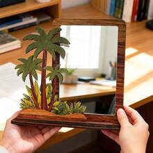 1pc Wooden Mirror Desktop Decor - Camel Riding Palm Tree Design | Summer Holiday Room Decoration | Boho Desert Theme | Home Decor | Small Space Desktop Decor & Vanity Accessory | Aesthetics - Mocha Brown - View 12