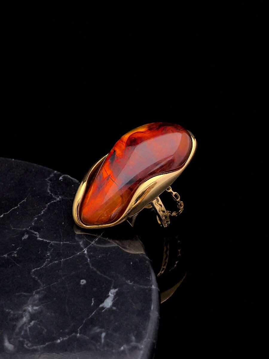 Luxury, Elegant, High-Quality Gold-Plated Brown, White, And Green Synthetic Crystal Faux Jade Stainless Steel 316 Ring, Suitable For European, Middle Eastern, And American Women To Wear For Holidays. - Brown - View 1