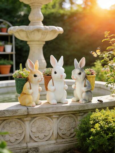 1 pieza Figura de conejo de resina linda, estatua de conejo realista con cesta de maceta para decoración del hogar interior, ideal para el alféizar de la ventana, estantería y decoración de jardín, patio y balcón exterior, escultura de animal de resina para uso durante todo el año