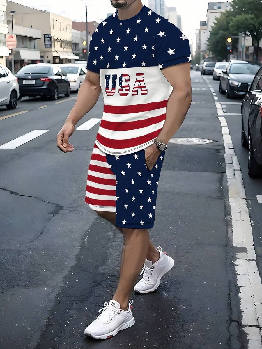 2pcs Men's 3D USA Flag Ombre Print Casual Crew Neck T-Shirt And Shorts Set, Polyester Knit Fabric With Slight Stretch, Regular Fit, Summer - Multicolor - View 1