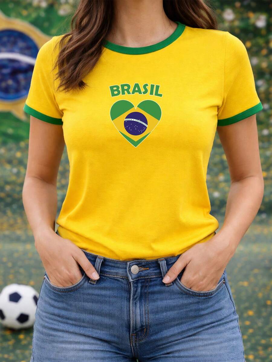 Women's BabyLook T-Shirt Brazil World Cup Green And Yellow Stylish Fan Comfort Brazilian Heart Written 100% Cotton - Màu vàng - Xem 1