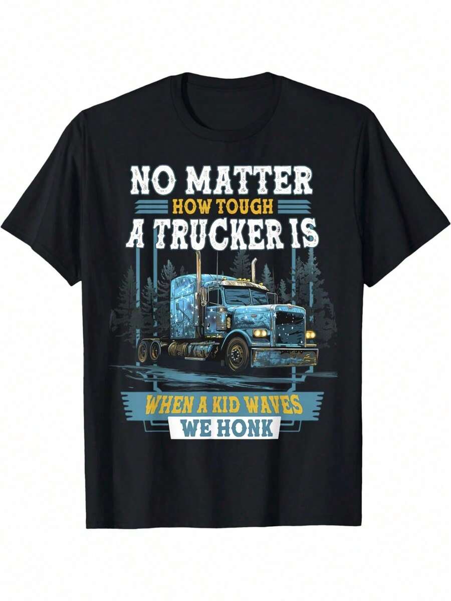 Camiseta de Algodón Kabuda% con Estampado de Camionero, Camiseta de Manga Corta con Cuello Redondo para Hombre, Primavera y Verano, Camiseta Deportiva Casual Transpirable de Algodón, para Vacaciones Kbd - Negro - Ver 1