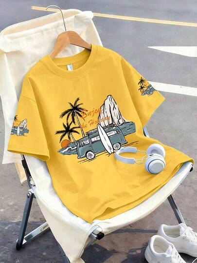 Boys' Yellow Holiday Beach Adventure Car Print Short Sleeve T-Shirt, Comfortable Soft Fabric For Spring/Summer