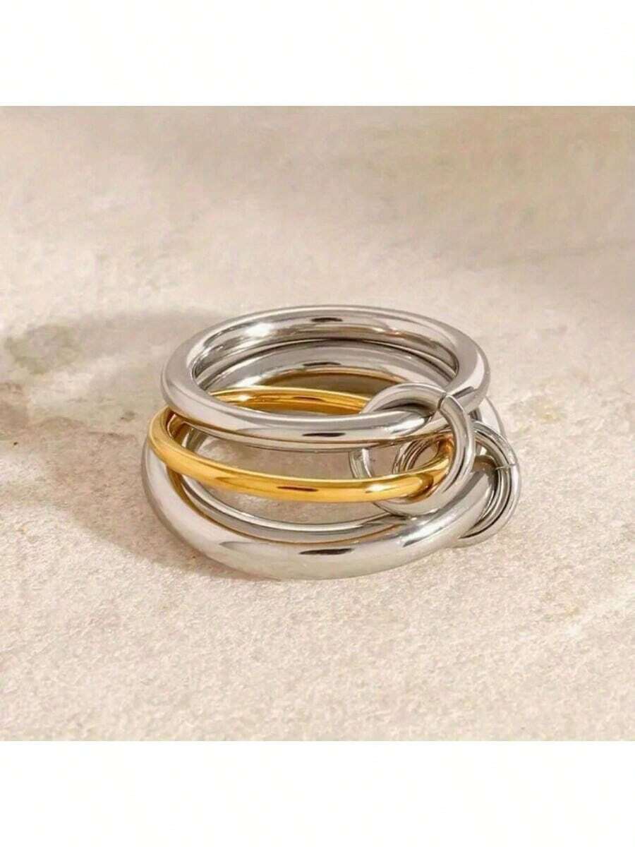 1pc Stacked Ring With 3 Bands Inlaid With Artificial Zirconia, Copper Material, Fashionable High-End Wedding Ring For Women - Ring 1 - View 1