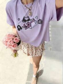 一件休闲猫咪戴墨镜弹吉他印花圆领短袖T恤，舒适时尚，适合儿童/少女夏季学生穿着。 - 紫色 - 查看 1
