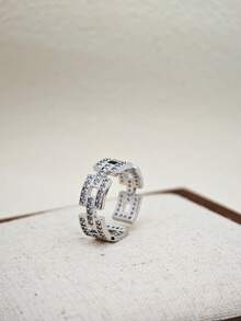 1枚简约锆石镶嵌开口戒指，适合女性佩戴 - 銀色 - 查看 5