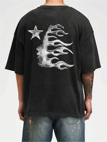 Men's Printed Pattern Washed T-Shirt - Casual Loose Summer T-Shirt With Star And Flame Design, Adult Brown 100% Pure Cotton Round Neck Shirt, Breathable T-Shirt | Avant-Garde Casual Wear | 100% Pure Cotton Printed T-Shirt - 黑色 - 查看 3