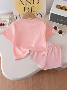 女童可爱蝴蝶结印花短袖T恤+短裤两件套，柔软面料，夏季休闲少女装 - 粉色 - 查看 2