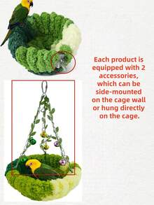 1个逼真绿色植物鸟巢带铃铛 - 毛绒悬挂式树叶床，外观自然，适合鹦鹉、玄凤鹦鹉、爱情鸟、金丝雀、小型宠物鸟，温暖鸟巢，绿色，冬季养鸟套装 - A - 查看 3