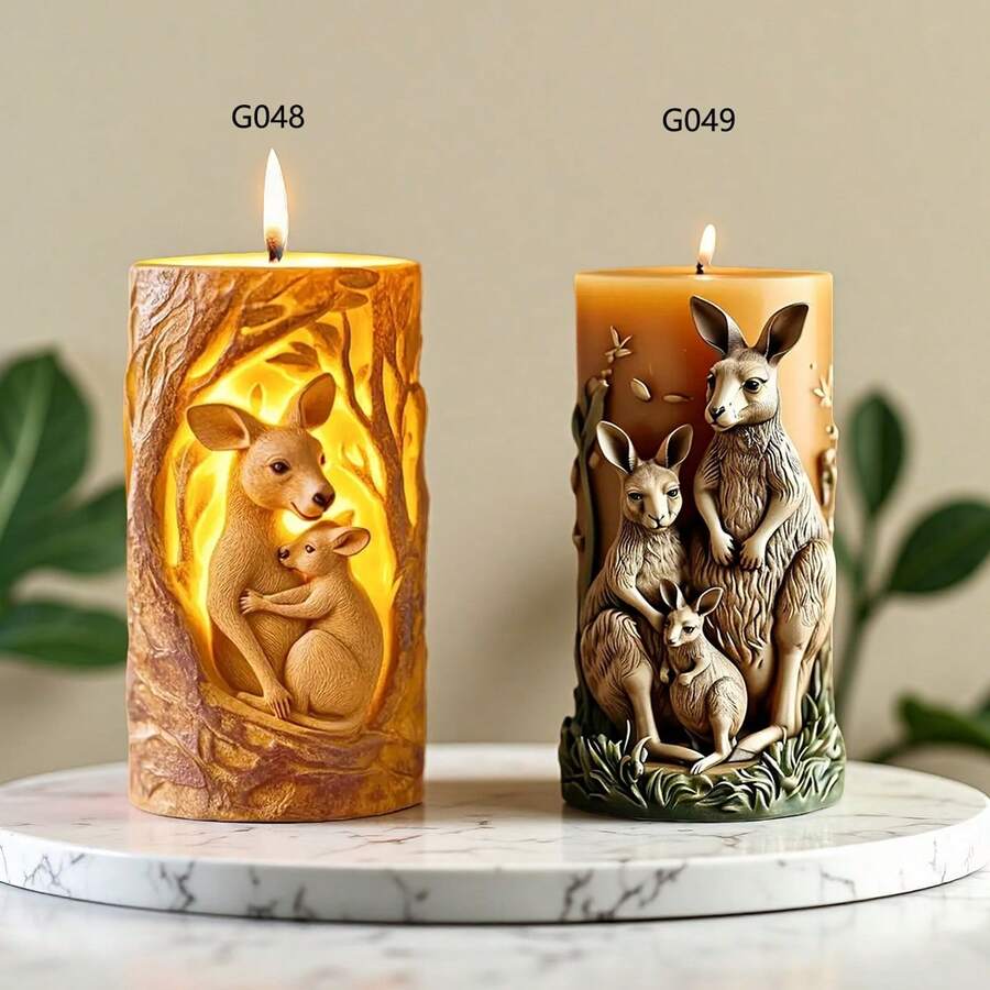 袋鼠一家硅胶模具 - 母子依偎在树枝上，经久耐用，可重复使用，适用于蜡烛/树脂/石膏工艺（母亲节、生日） - 不对称造型，精致浮雕艺术，歌颂母爱，自然场景描绘，精心制作的纪念品 - 白色 - 查看 1