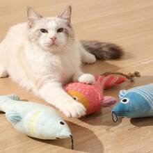 1个卡通鱼形猫咪玩偶，柔软毛绒逼真鱼形玩偶，带猫咪和铃铛，可自行玩耍，吸引猫咪，陪伴宠物玩偶 - 查看 4