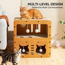 Double-Layer Standing Cat Scratching Post And Cat House Combination: Multi-Level Cat Apartment Made Of Wood And Corrugated Cardboard With A Comfortable Sleeping Loft | Satisfies A Cat's Instincts To Scratch, Climb, Chew, And Nap | Durable, Hairless, Cat Furniture - One-size - View 2