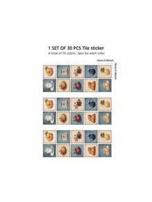 30片/60片水果餐具图案可移除可重复使用墙贴，优雅的咖啡和面包色墙贴，适用于厨房、浴室、家具改造和家居装饰 - 多pc組合廚房貼 - 查看 3