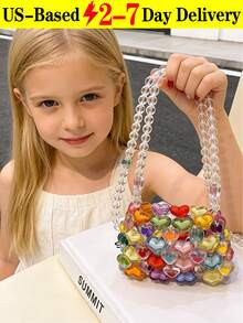 1pc Girls' Mini Heart Shape Beaded Square Bag Crossbody Bag, Cute Handmade Beaded Open Mouth Handbag, Fashionable Heart Purse, Colorblock Fashionable, Suitable For Festival Decoration Or Daily Wear Dressing Matching,  Perfect For Music Festival, Spring/Summer, Vacation Essentials, Perfectly Matching With Beach Accessories Women, Hottest Beach Bags For Women, Beach Necessities[US Local Warehouse]The Best Gift Choice, Birthday Gift - 彩色 - 查看 1