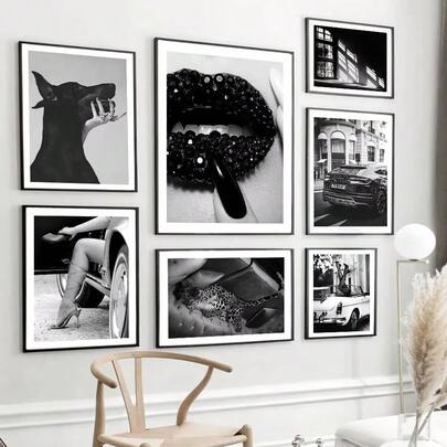 1pc Unframed Black Photo Frame With Canvas Painting Luxury Car Lips Doberman Leopard Retro Black White Wall Art Poster