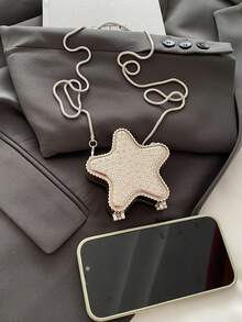 1pc New Mini Bag, Rhinestone Embellished Mini Bag, Silver Wallet, Shiny Futuristic Pentagram Handbag, Chain Shoulder Star Bag, Asymmetric Handbag, Accessory Pouch, Elegant Coin Purse, Gold Earphone Case, Wedding, Women Handbag, Gold Wallet, Summer Party Clutch, Gift Evening Bag - Silver - View 12