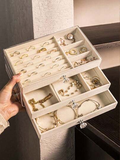 1pc Transparent Acrylic Jewelry Box, High-End Exquisite Jewelry Storage Box Anti-Oxidation Earrings Necklace Ring Display Stand With Velvet Lining, Large Capacity Jewelry Organizer Box, Drawer Style Jewelry Display Box With Adjustable Velvet Trays, Suitable For Earrings, Rings, Bracelets, Necklaces, Mother's Day Gift, 3-Tier Drawer Design To Store Earrings, Rings, Necklaces, Bracelets