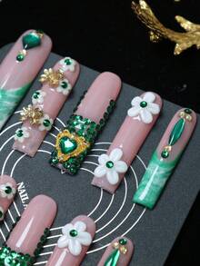 CrystalHola 手工棺材形美甲贴片，Y2K风格，春夏款，蓝白配色，法式贴片，手工雕刻花朵，镶嵌水钻，渐变色，爱心，蝴蝶结，纯手工美甲贴片，适合女性和女孩，10片/套，3种尺寸，适合派对、婚礼、日常佩戴，包含工具，是女士美甲用品的绝佳礼物。手工按压式美甲贴片 - 彩色 - 查看 5